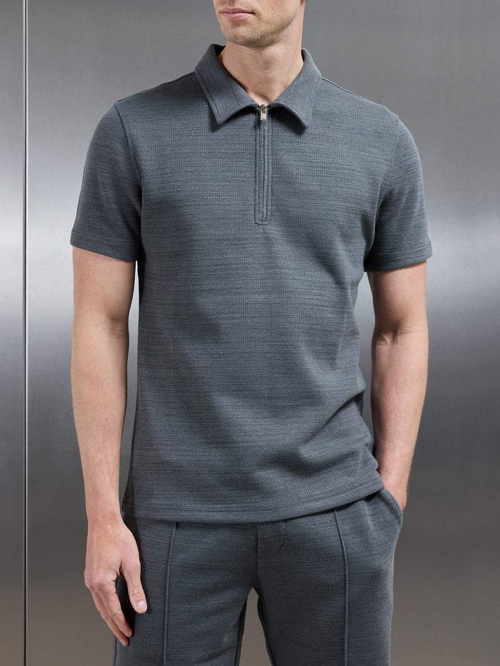 Cavour Textured Zip Polo Shirt in Grey