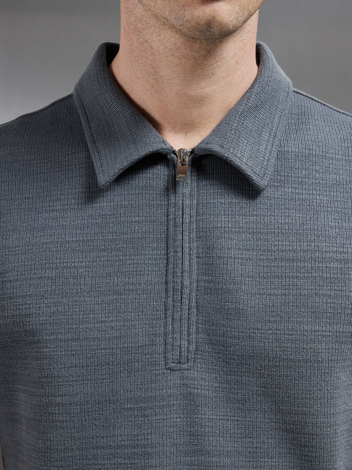 Cavour Textured Zip Polo Shirt in Grey