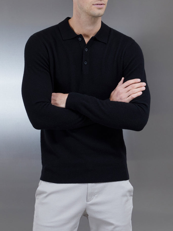 Chunky Knitted Polo Shirt in Black