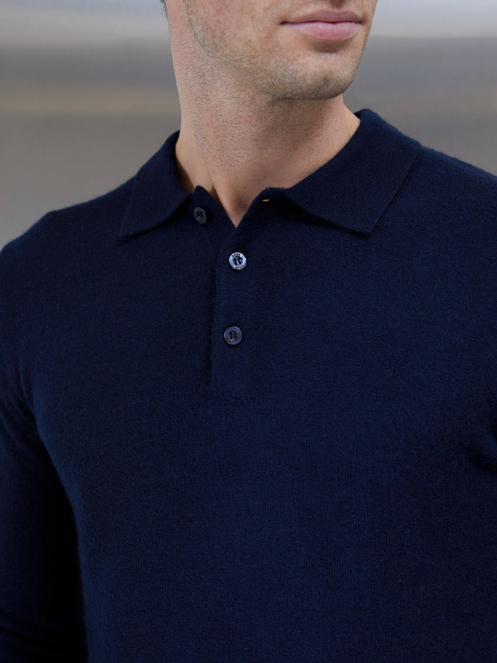 Chunky Knitted Polo Shirt in Navy