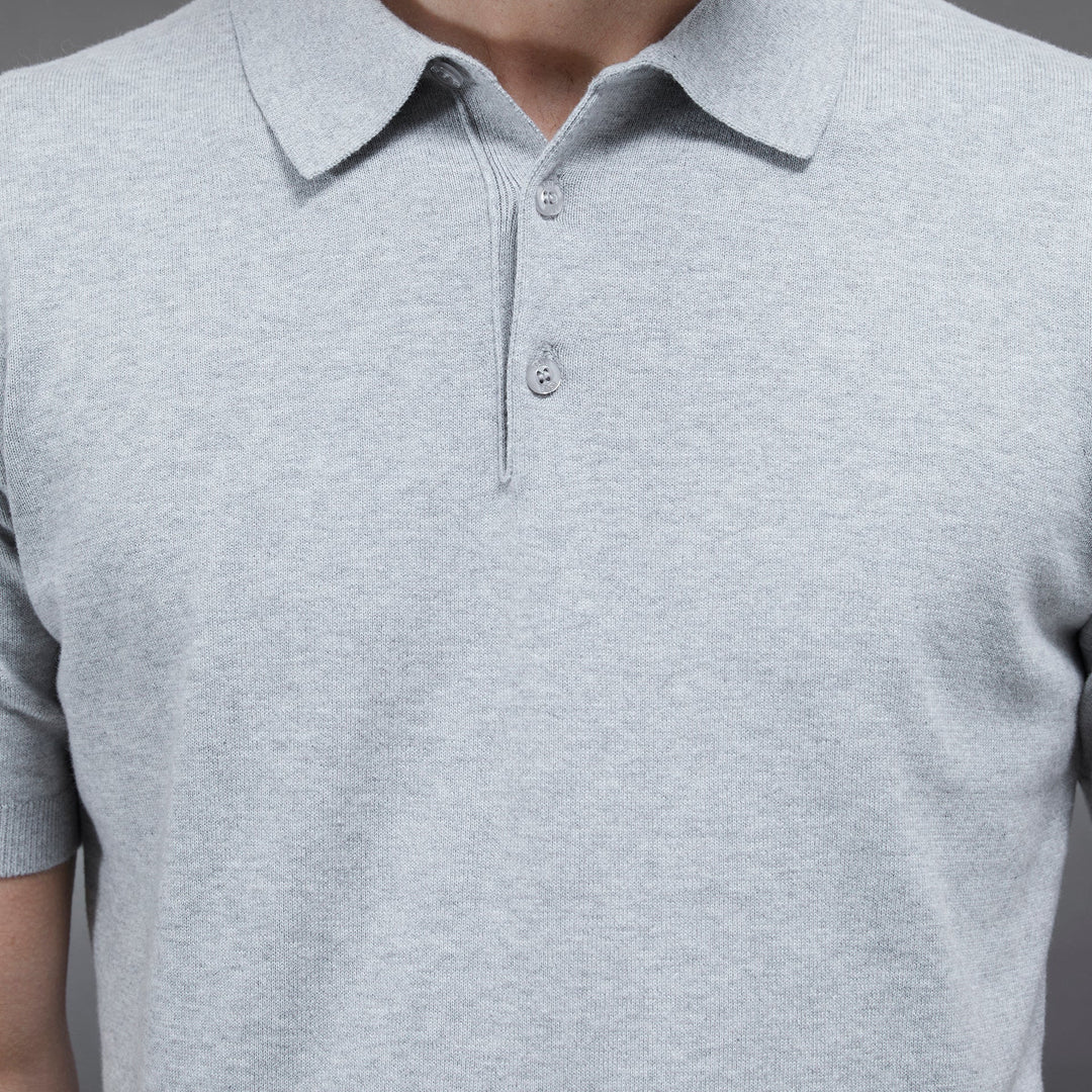 Cotton Knitted Button Polo Shirt in Marl Grey