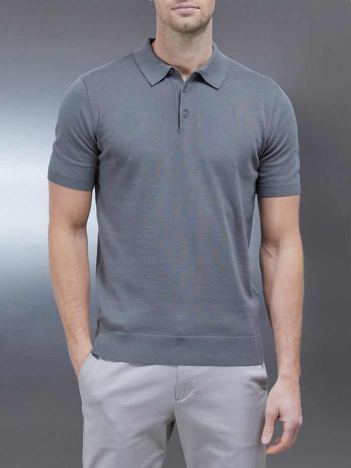 Cotton Knitted Button Polo Shirt in Sage