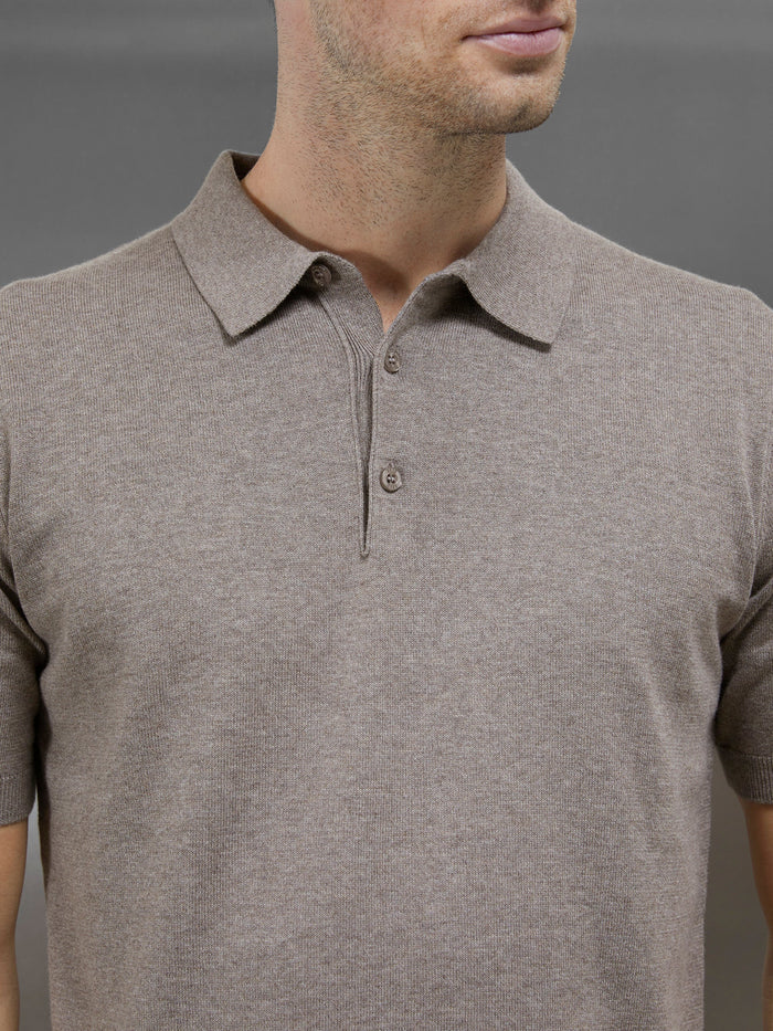 Cotton Knitted Button Polo Shirt in Taupe