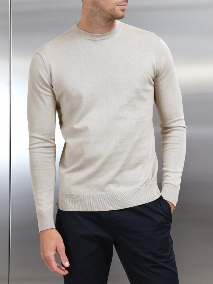 Cotton Knitted Crew Neck Sweatshirt in Stone