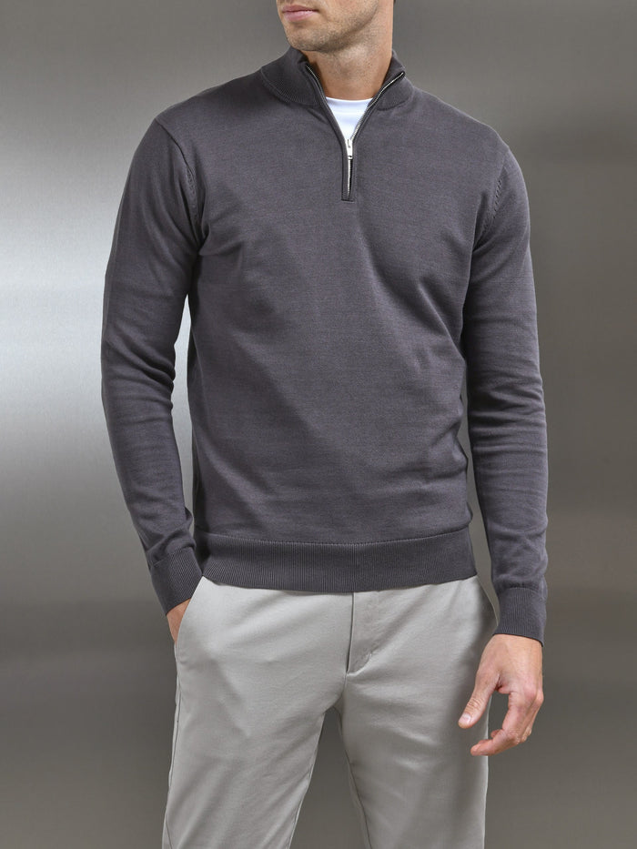 Cotton Knitted Half Zip Funnel Neck Jumper in Charcoal