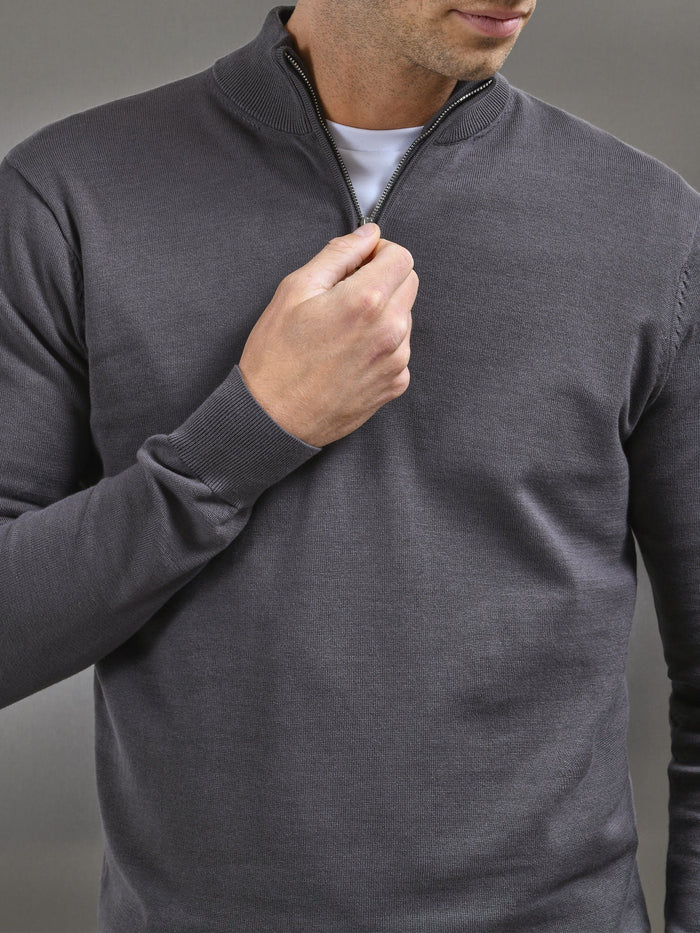 Cotton Knitted Half Zip Funnel Neck Jumper in Charcoal