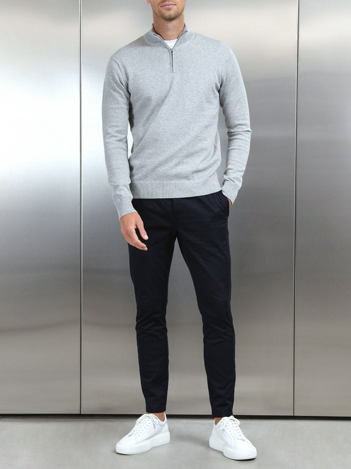 Cotton Knitted Half Zip Funnel Neck Jumper in Marl Grey