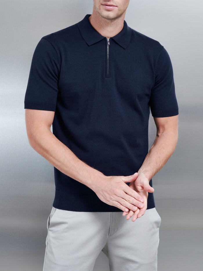 Cotton Knitted Zip Polo Shirt in Navy