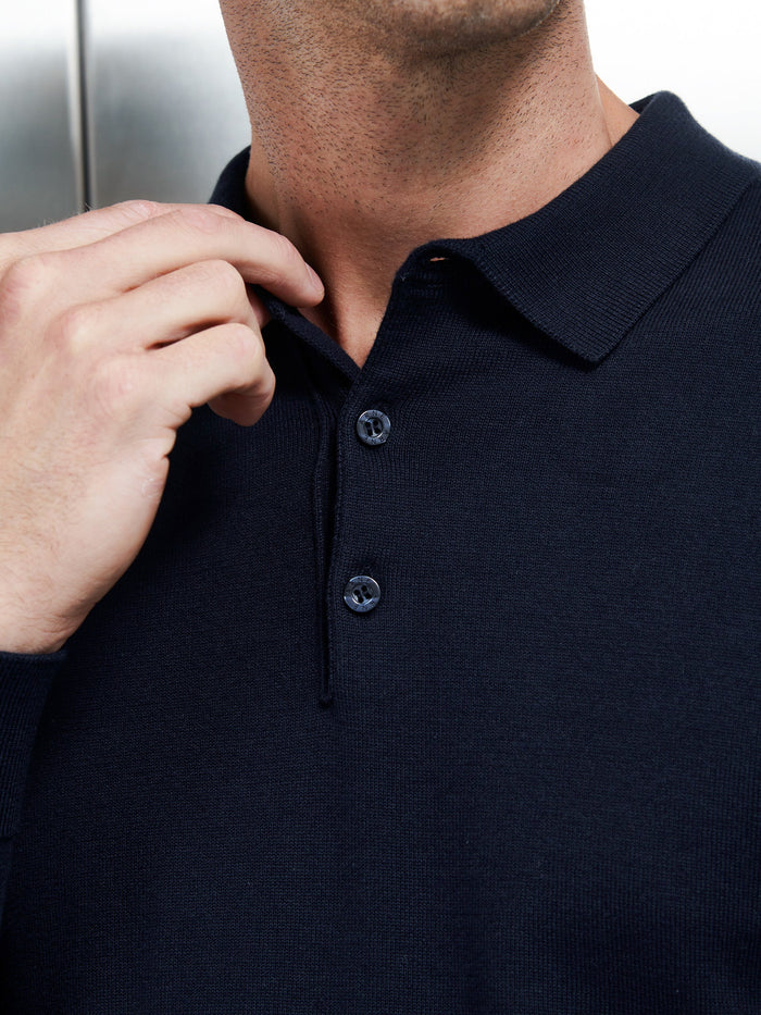 Cotton Knitted Long Sleeve Button Polo Shirt in Navy