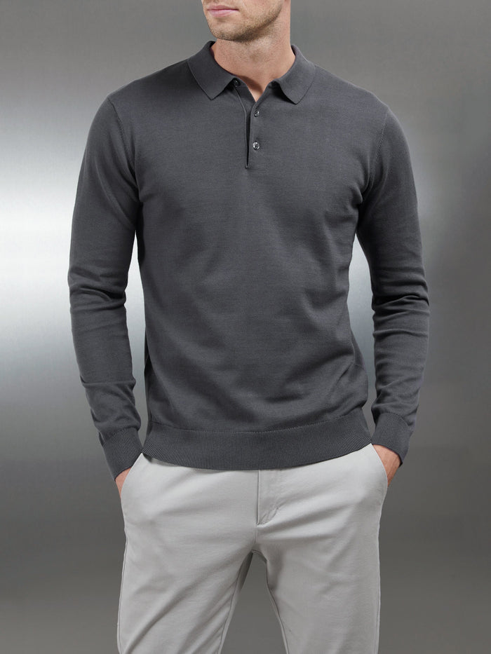 Cotton Knitted Long Sleeve Button Polo Shirt in Grey