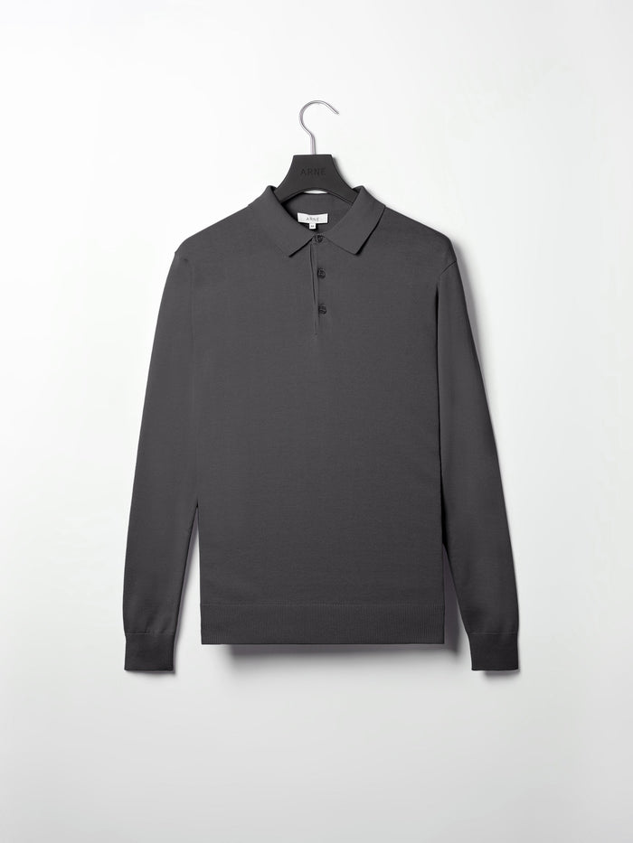 Cotton Knitted Long Sleeve Button Polo Shirt in Grey