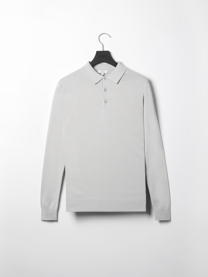 Cotton Knitted Long Sleeve Button Polo Shirt in Mid Grey