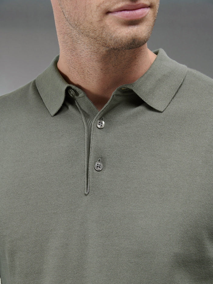 Cotton Knitted Long Sleeve Button Polo Shirt in Sage