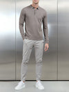 Cotton Knitted Long Sleeve Button Polo Shirt in Taupe Marl