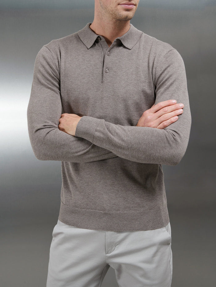 Cotton Knitted Long Sleeve Button Polo Shirt in Taupe Marl