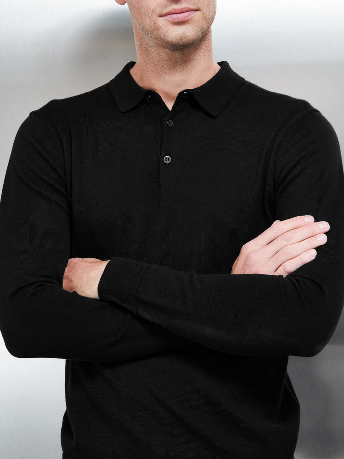 Cotton Knitted Long Sleeve Button Polo Shirt in Black