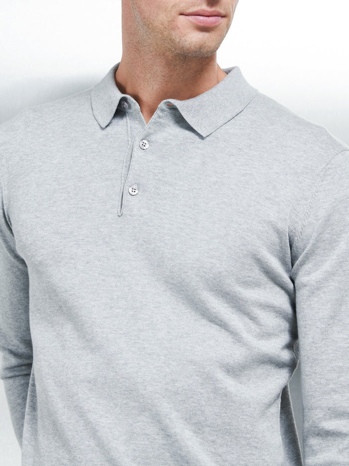 Cotton Knitted Long Sleeve Button Polo Shirt in Marl Grey