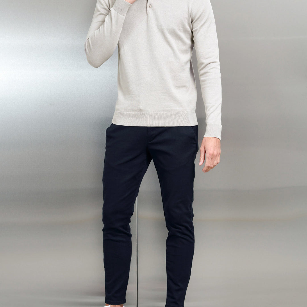 Cotton Knitted Long Sleeve Button Polo Shirt in Stone