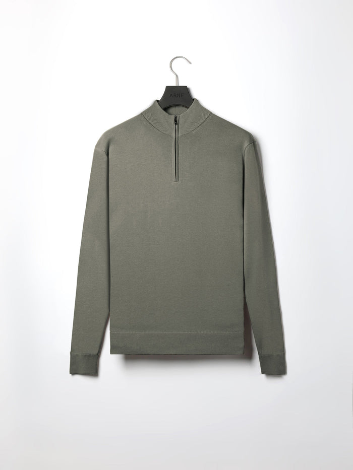 Cotton Knitted Half Zip Funnel Neck Jumper in Sage