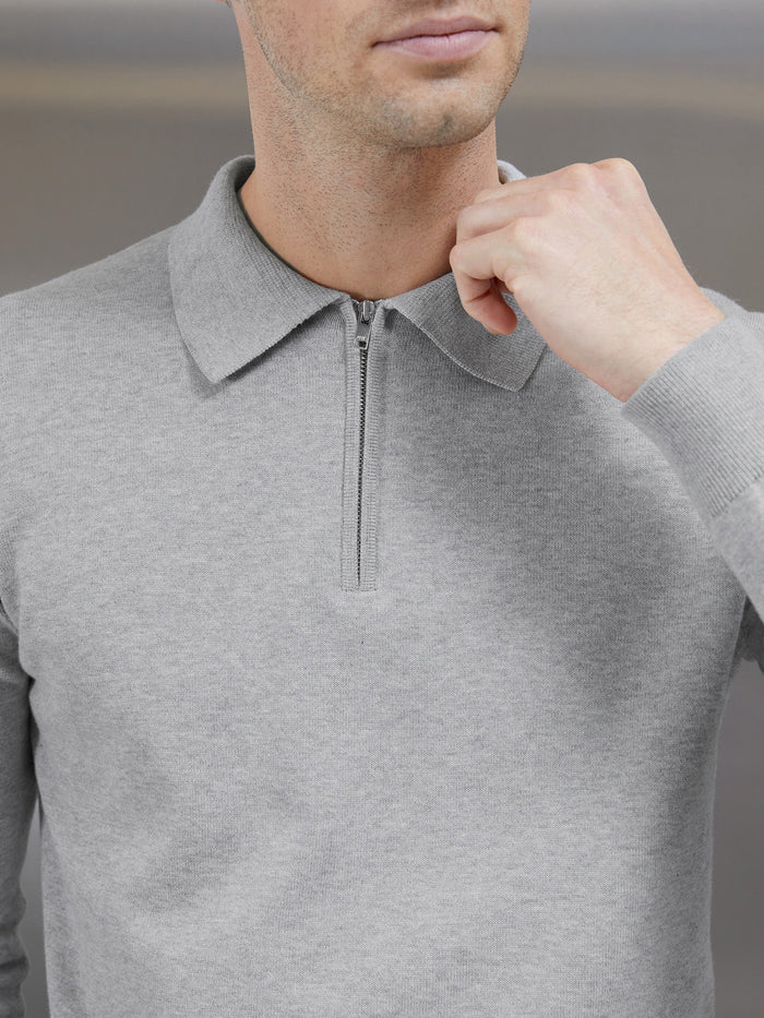 Cotton Knitted Long Sleeve Half Zip Polo Shirt in Marl Grey