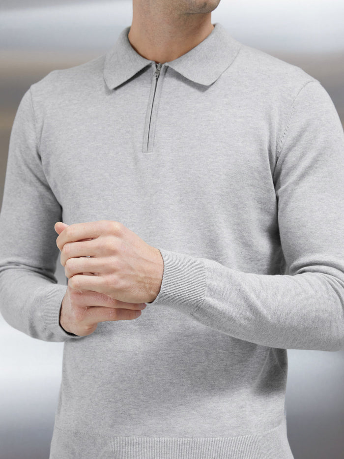 Cotton Knitted Long Sleeve Half Zip Polo Shirt in Marl Grey