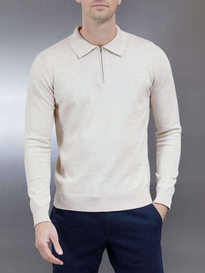 Cotton Knitted Long Sleeve Half Zip Polo Shirt in Oatmeal