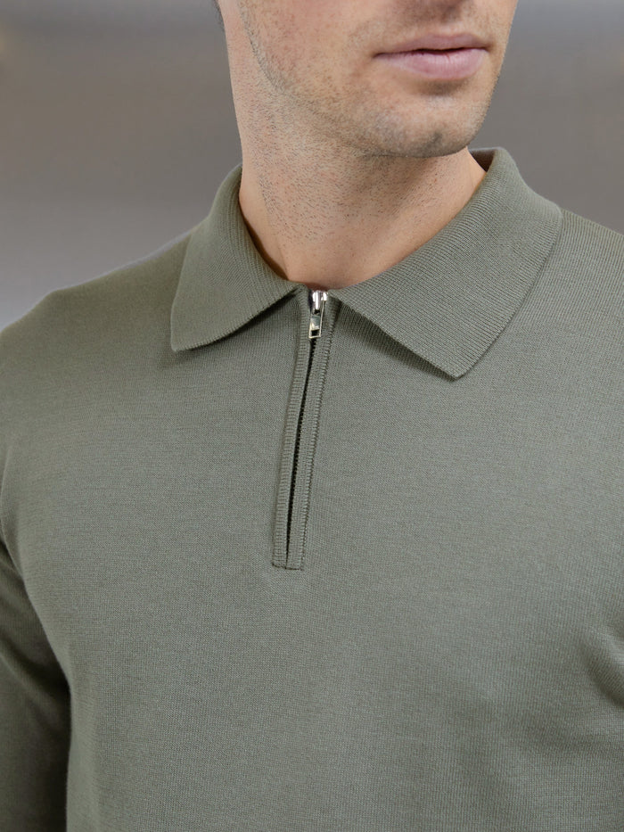 Cotton Knitted Long Sleeve Half Zip Polo Shirt in Sage