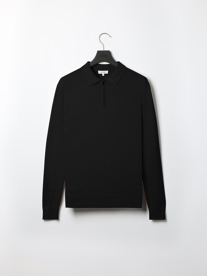 Cotton Knitted Long Sleeve Half Zip Polo Shirt in Black