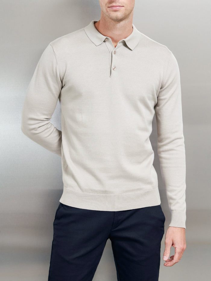 Cotton Knitted Long Sleeve Button Polo Shirt in Stone