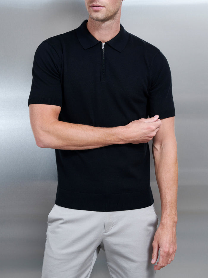 Cotton Knitted Zip Polo Shirt in Black