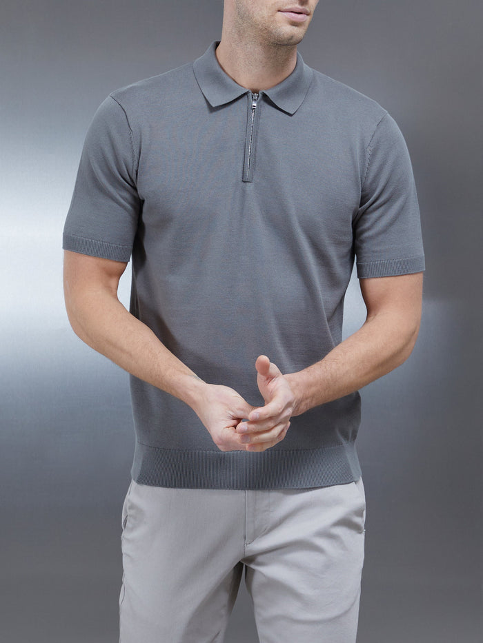 Cotton Knitted Zip Polo Shirt in Sage