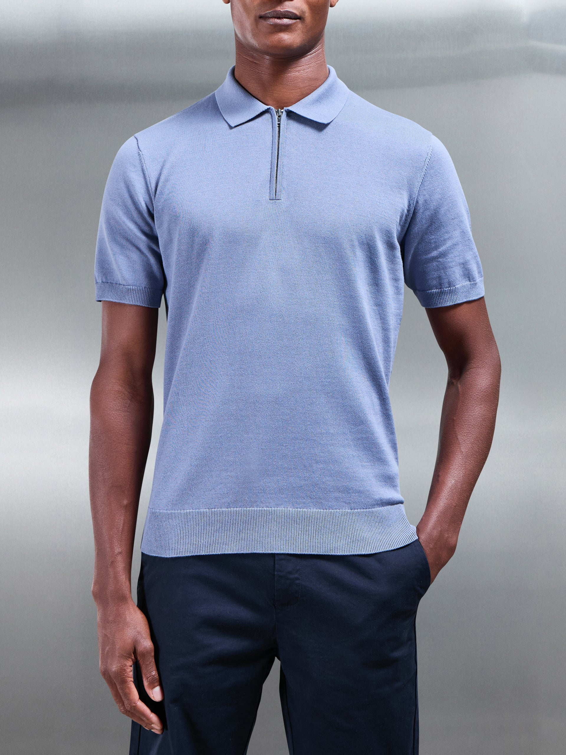 Cotton Knitted Zip Polo Shirt in Silk Blue