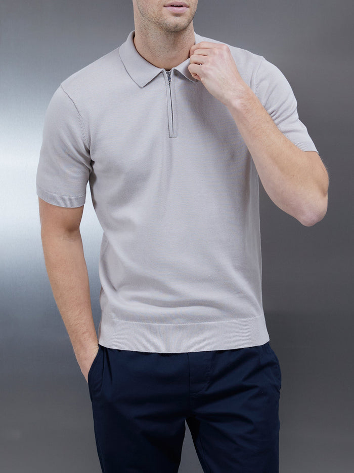 Cotton Knitted Zip Polo Shirt in Stone