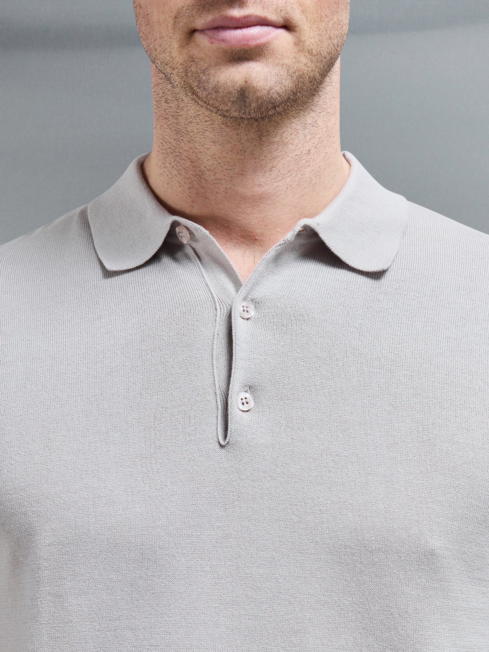 Cotton Knitted Button Polo Shirt in Stone