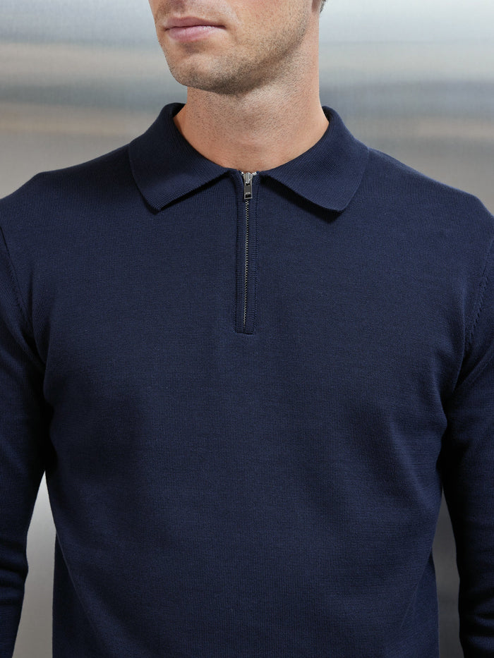 Cotton Knitted Long Sleeve Half Zip Polo Shirt in Navy