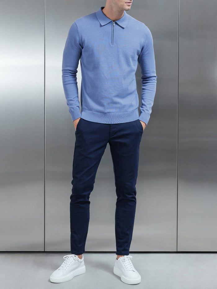 Cotton Knitted Long Sleeve Half Zip Polo Shirt in Silk Blue