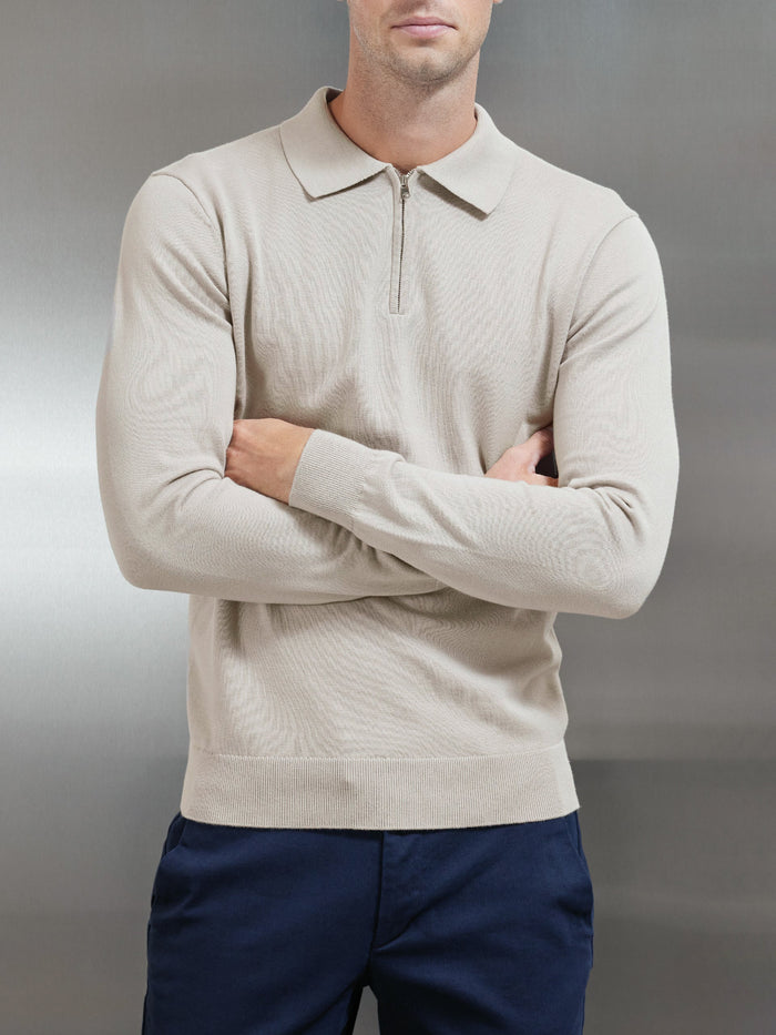 Cotton Knitted Long Sleeve Half Zip Polo Shirt in Stone