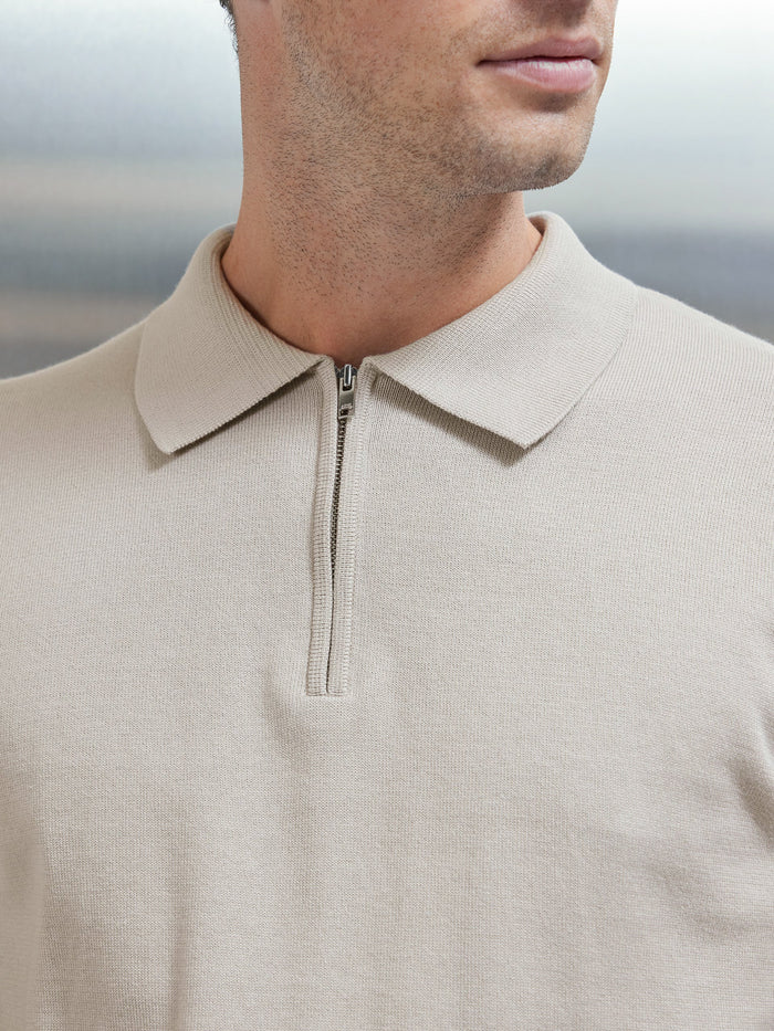 Cotton Knitted Long Sleeve Half Zip Polo Shirt in Stone