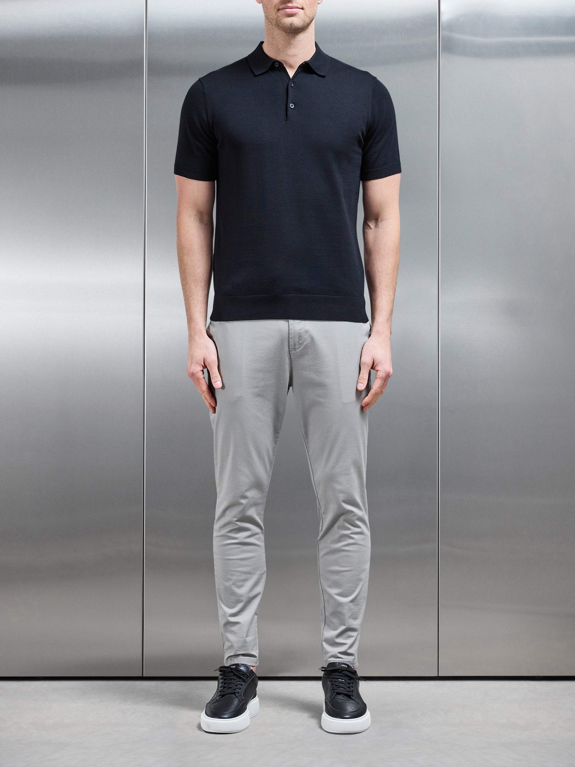 Cotton Knitted Button Polo Shirt in Black