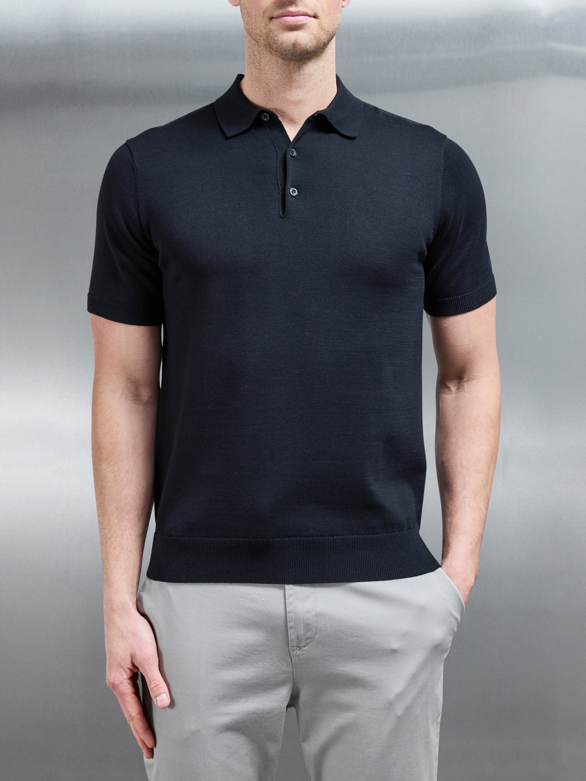 Cotton Knitted Button Polo Shirt in Black