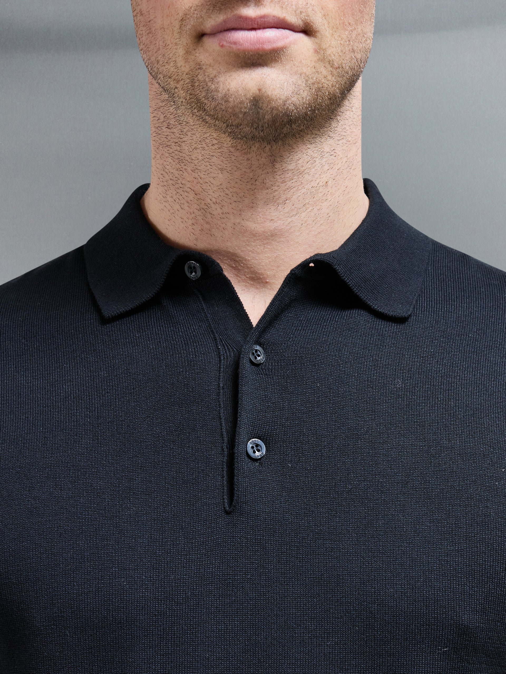 Cotton Knitted Button Polo Shirt in Black