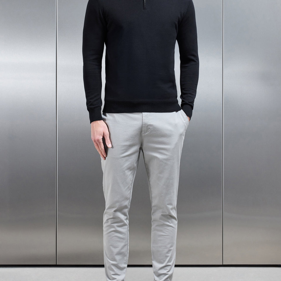 Cotton Knitted Half Zip Funnel Neck Jumper in Black