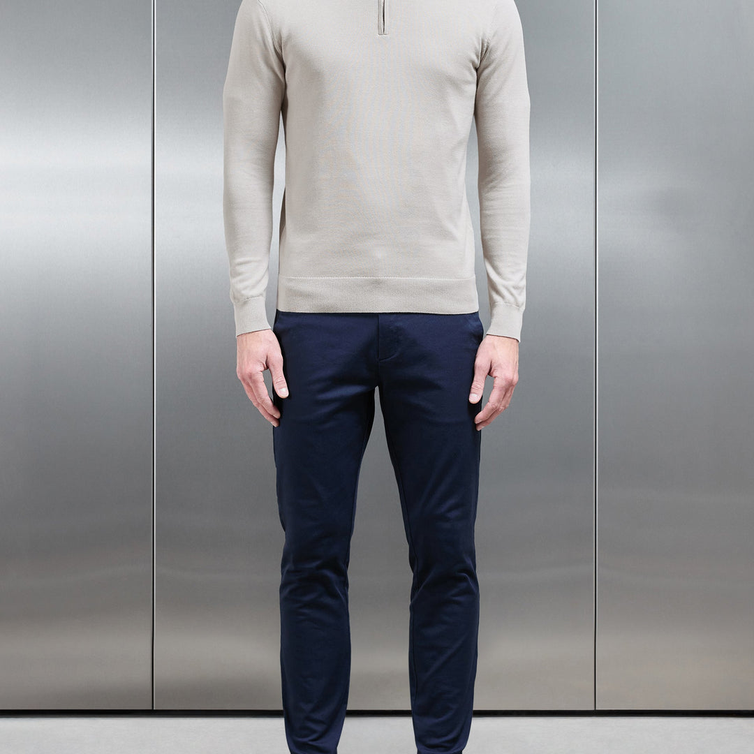 Cotton Knitted Half Zip Funnel Neck Jumper in Stone
