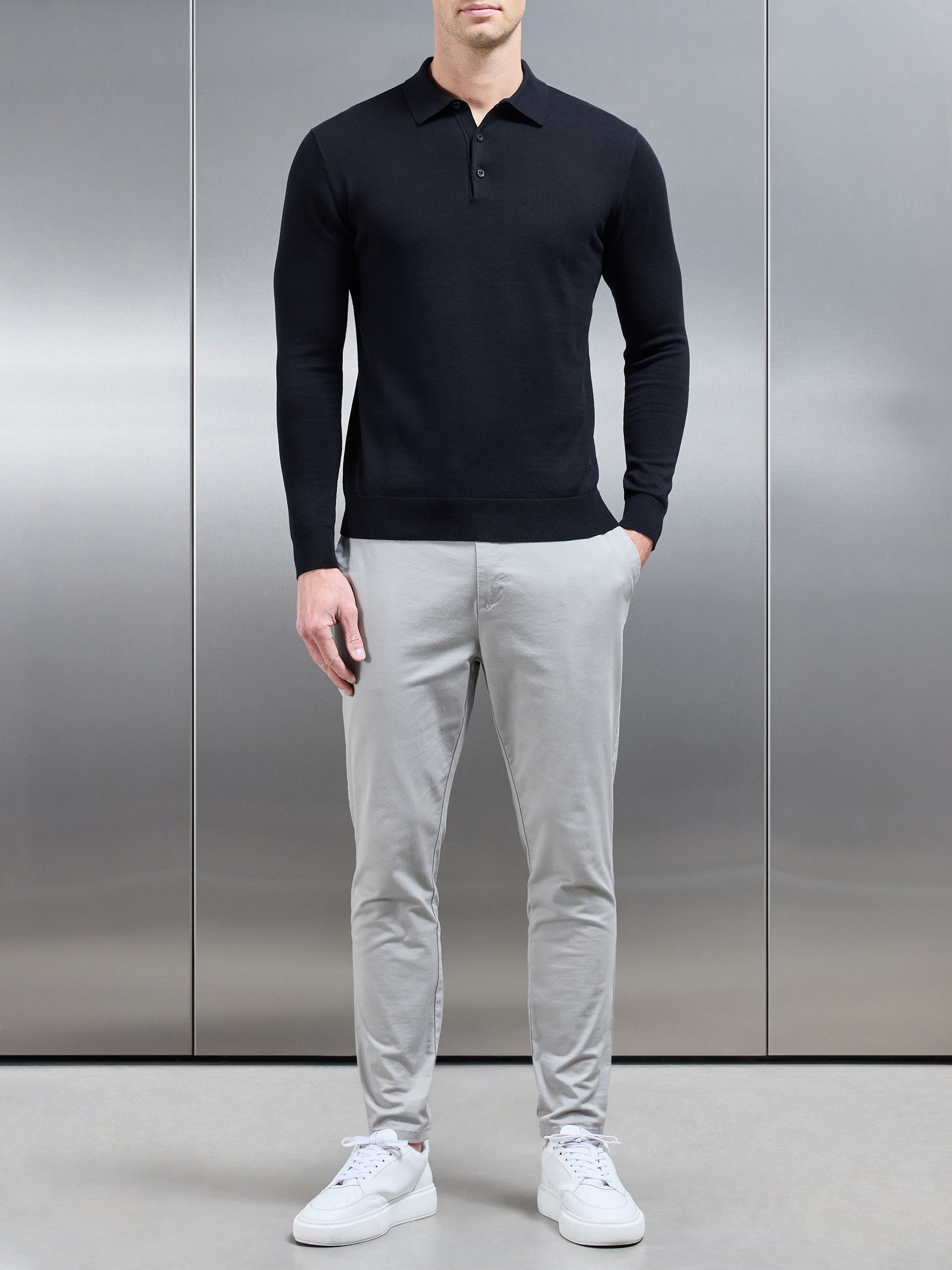 Cotton Knitted Long Sleeve Button Polo Shirt in Black