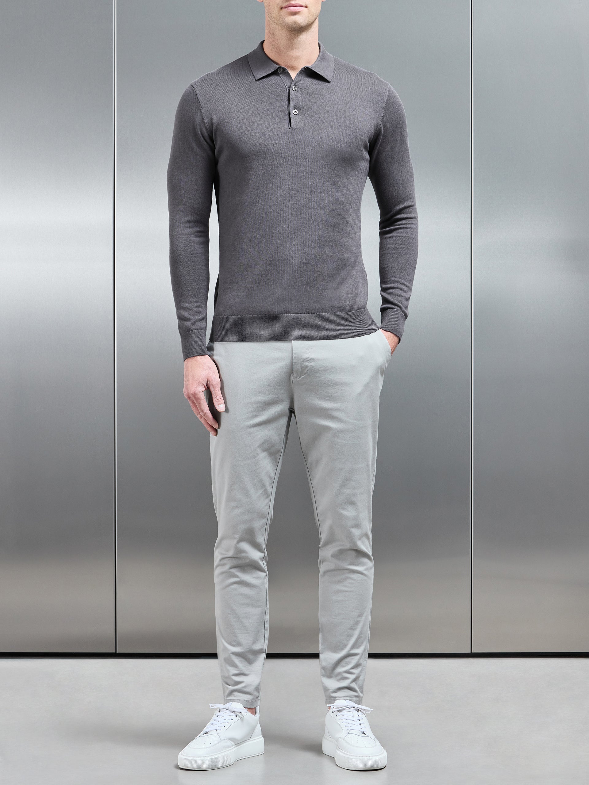 Cotton Knitted Long Sleeve Button Polo Shirt in Grey