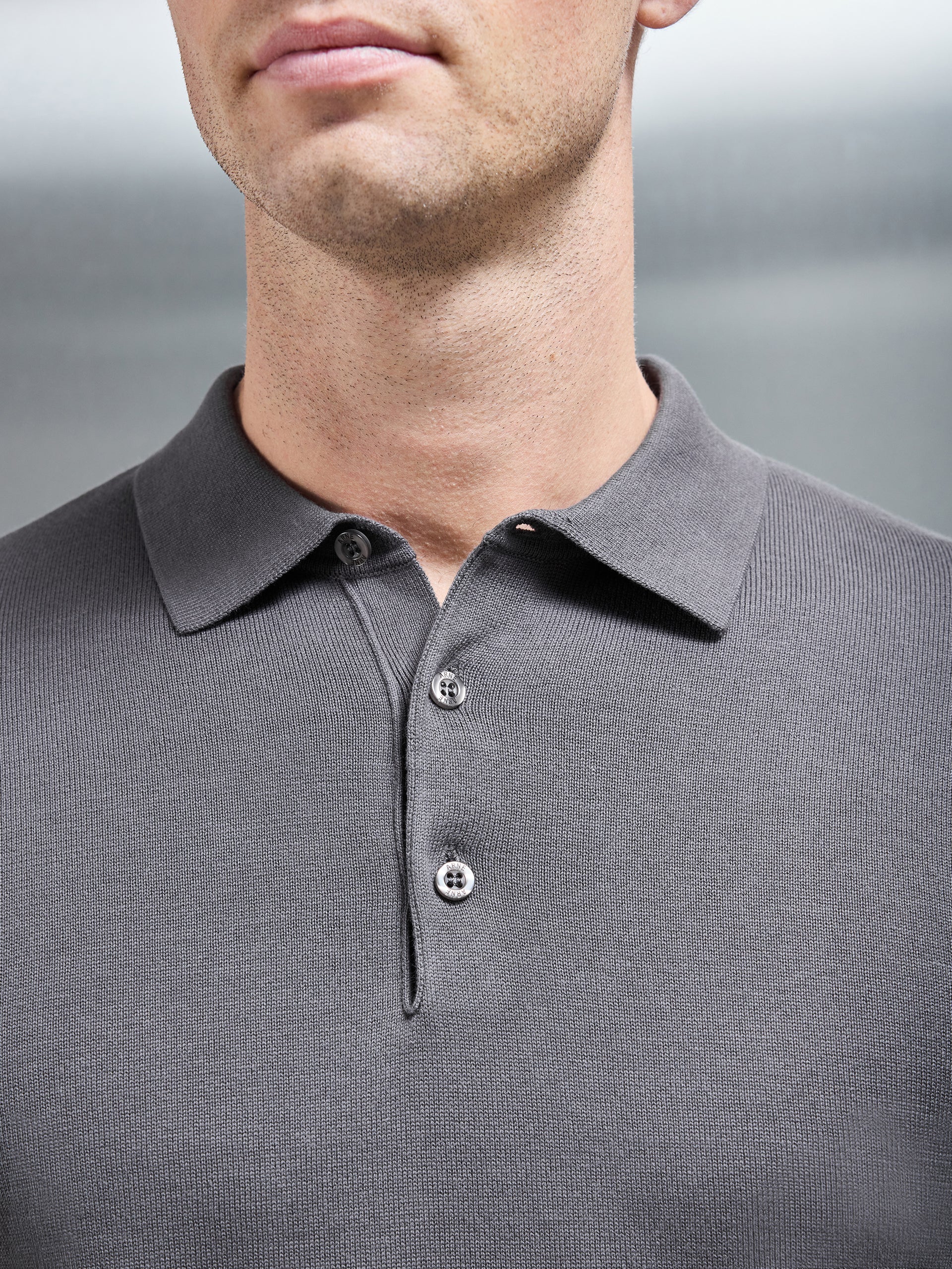 Cotton Knitted Long Sleeve Button Polo Shirt in Grey