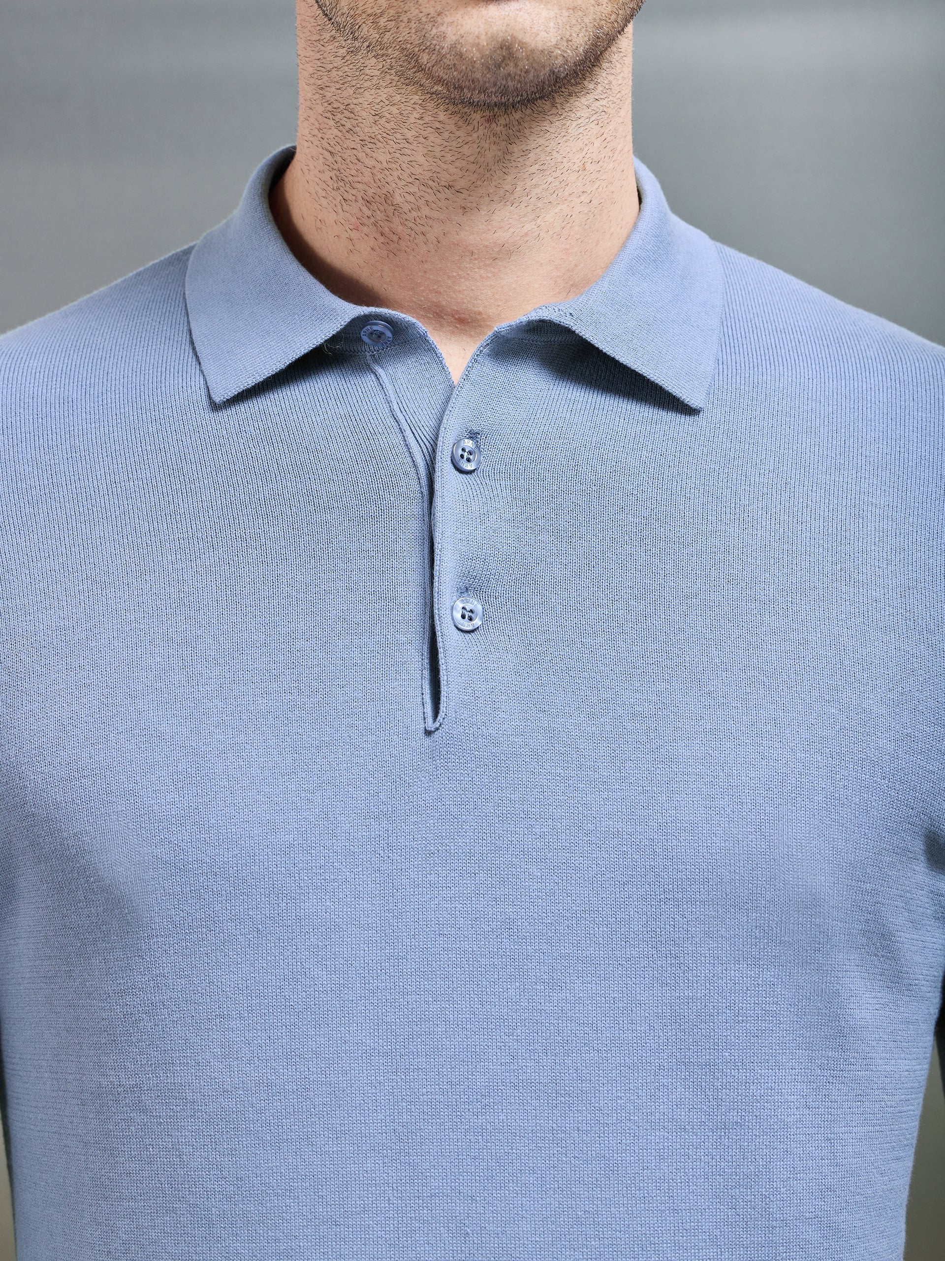 Cotton Knitted Long Sleeve Button Polo Shirt in Silk Blue