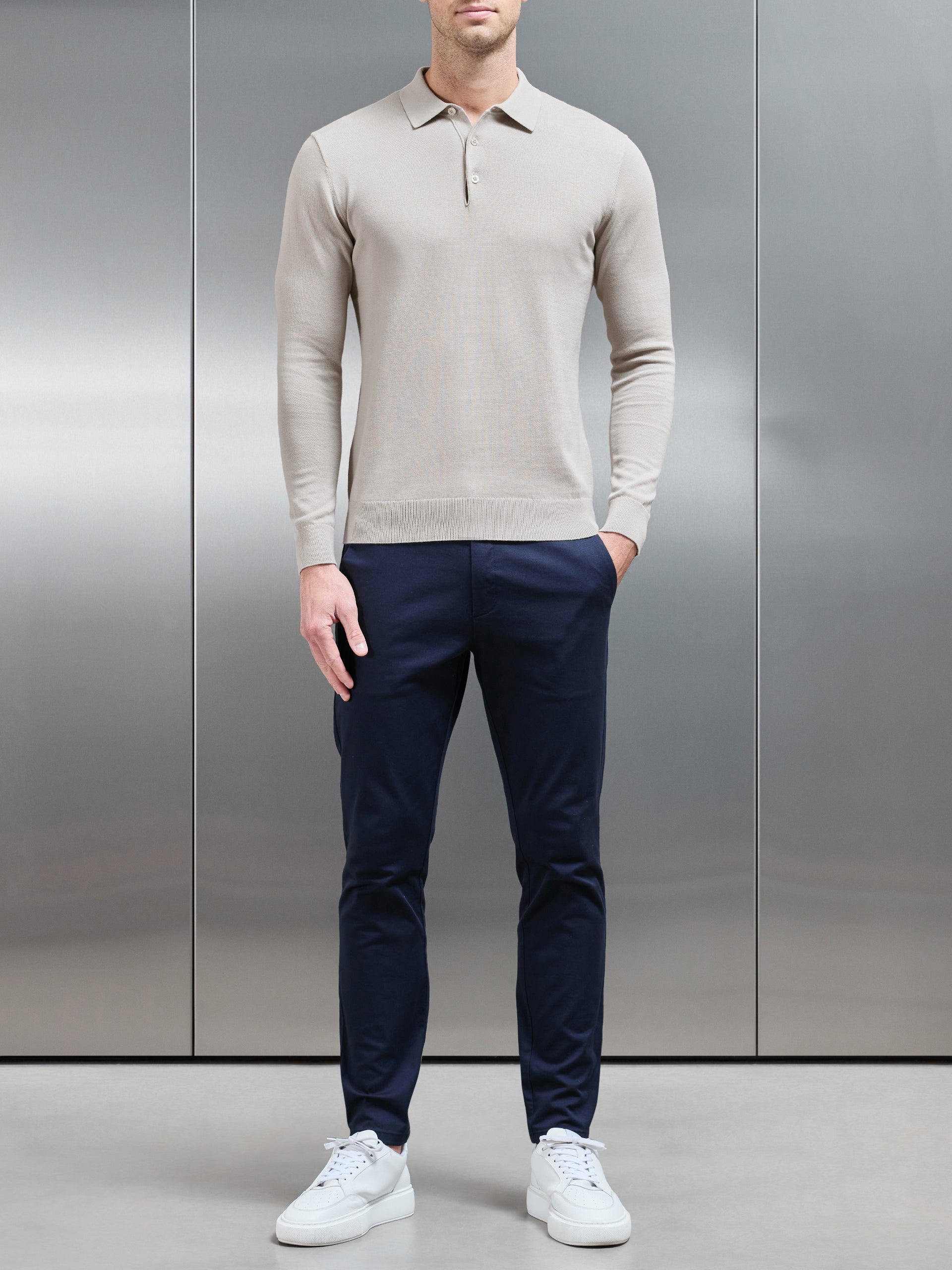 Cotton Knitted Long Sleeve Button Polo Shirt in Stone