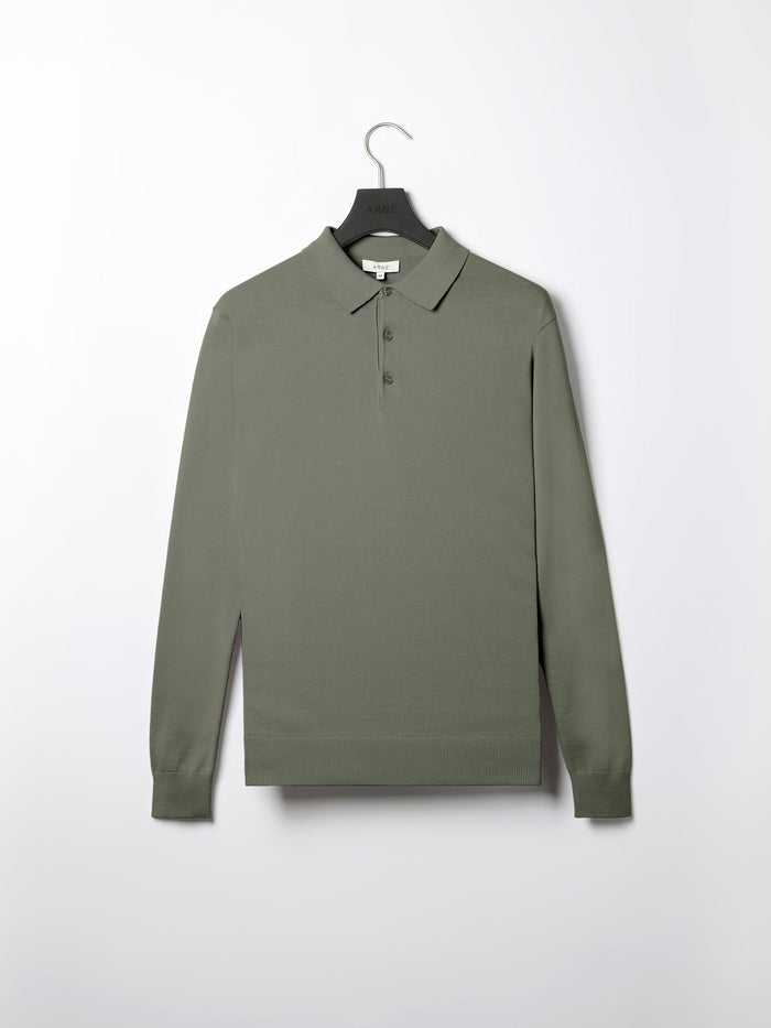 Cotton Knitted Long Sleeve Button Polo Shirt in Sage