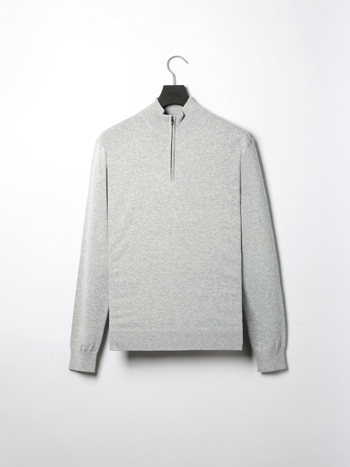 Cotton Knitted Half Zip Funnel Neck Jumper in Marl Grey